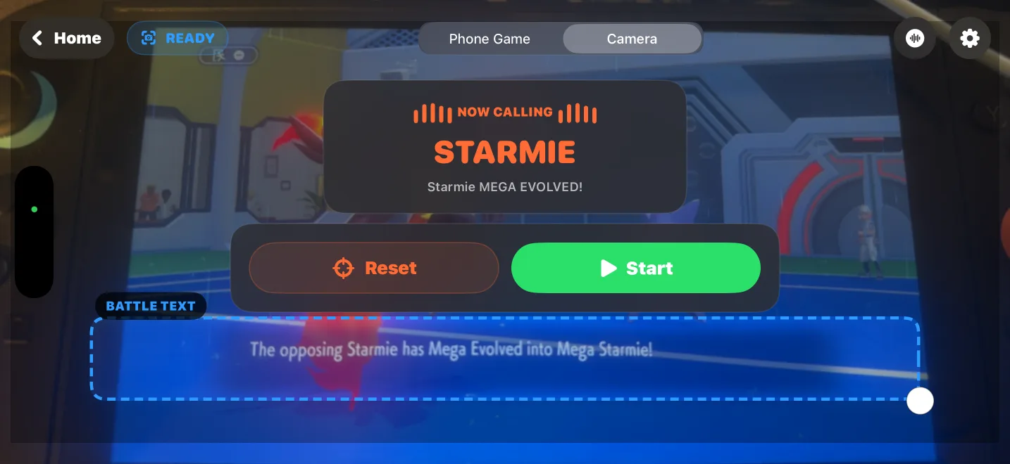 Camera mode pointed at a Switch screen, calling a Starmie Mega Evolution