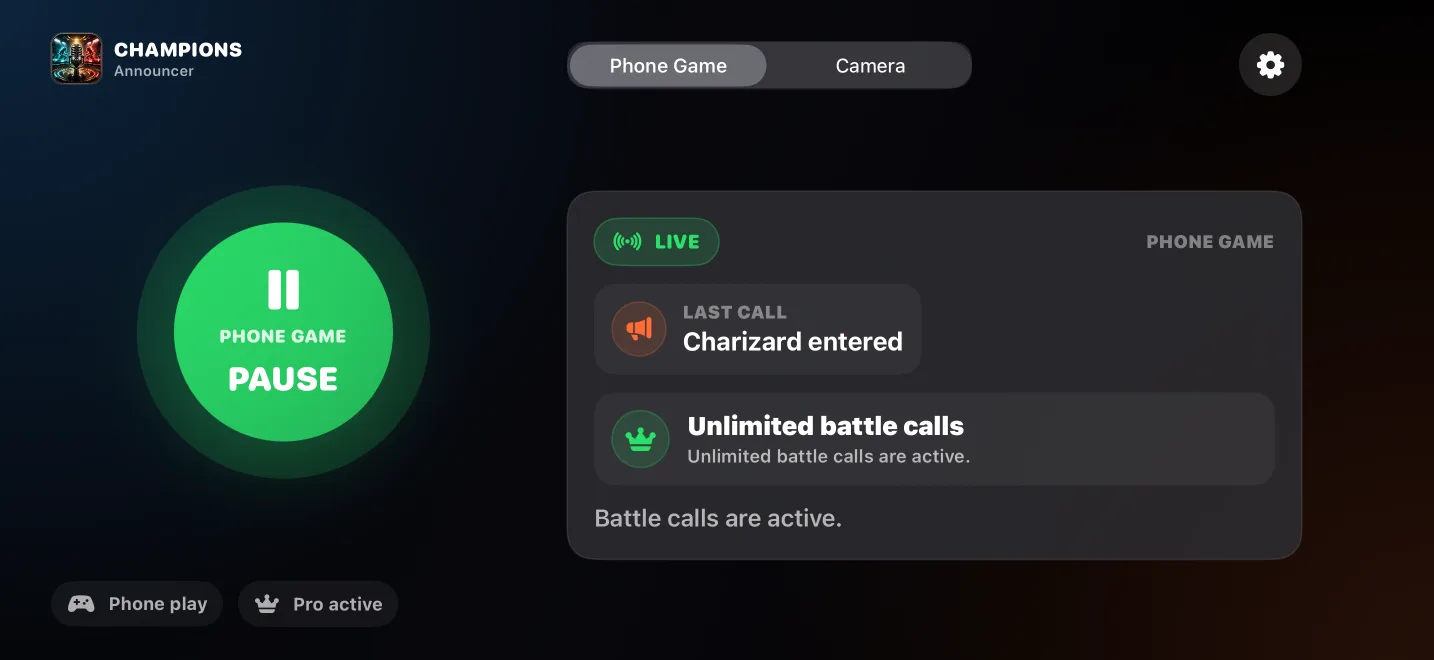 Poke Battle Announcer running in Phone Game mode with the announcer live